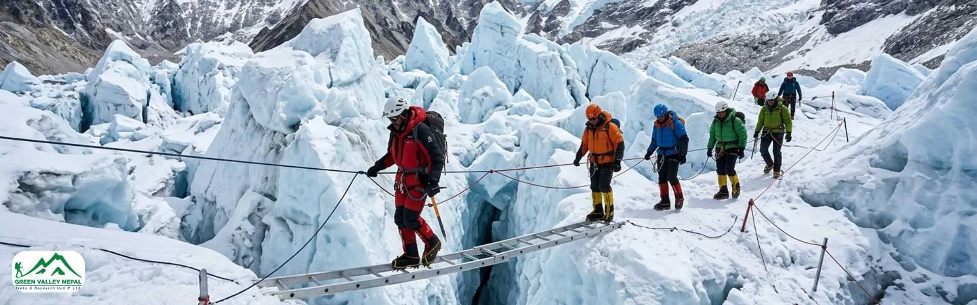 Climbers Crossing Khumbu Icefall