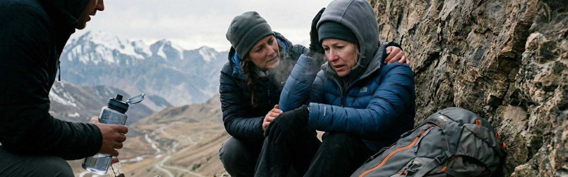 Guide Providing Water Bottle to Tackle Altitude Sickness