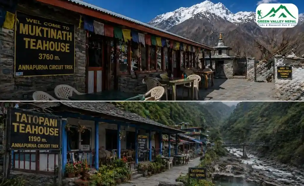 Tea Houses at Muktinath, and Tatopani