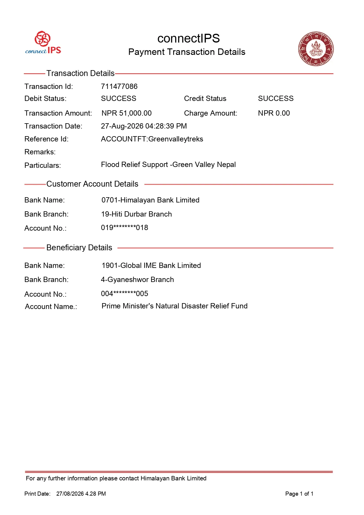 Donation from Green Valley Nepal Treks