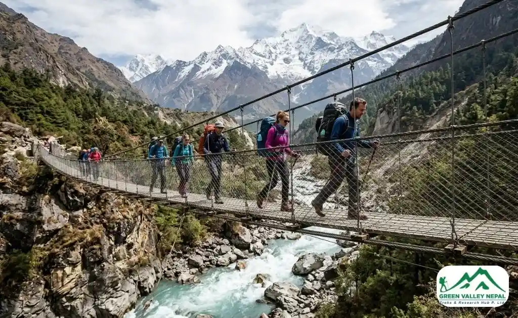 Trekkers Crossing Suspension Bridge during Langtang Trek