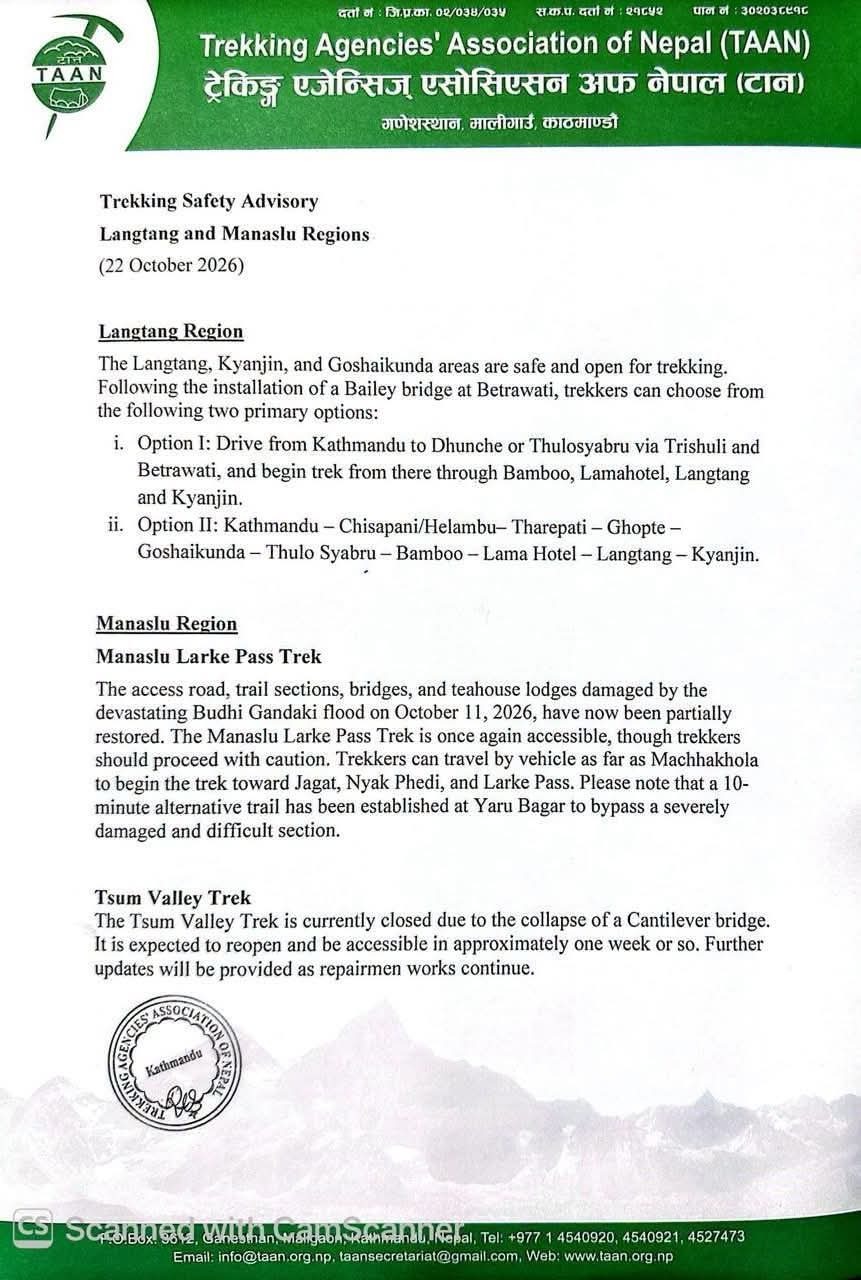 TAAN Notice on Trek Route Reopen